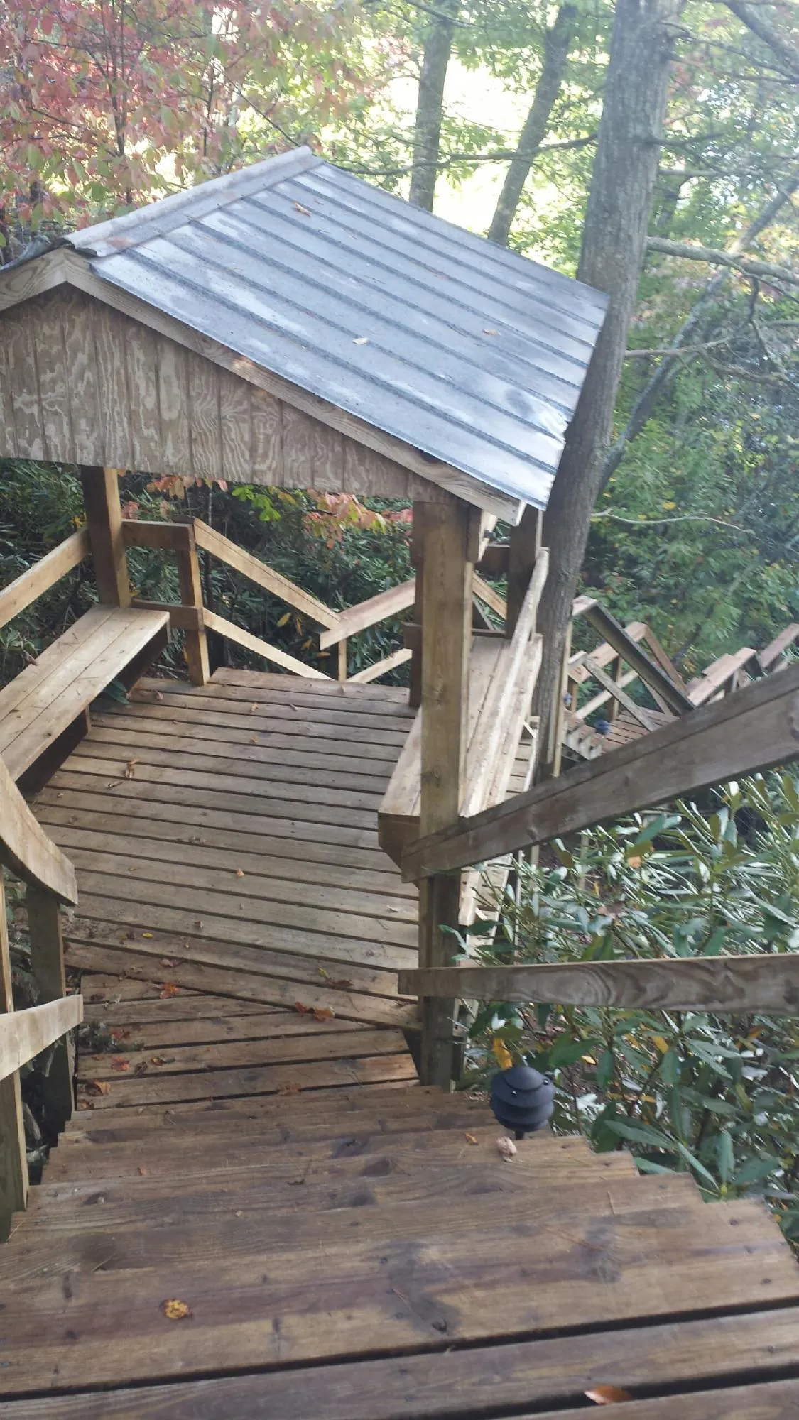 Metal roofed shelter over wooden steps on a wooded walkway — Skylight Repair & Installation work by our crew in Owens Cross Roads